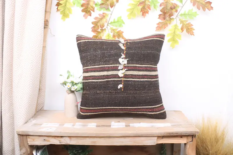 Turkish Kilim Pillow, Turkish Pillow, Cushion, Vintage Kilim Pillow Pillow Cover, Boho Pillow Sham Cover, 18x18 Brown Pillow, Floor Pillow Case - 1