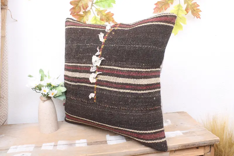 Turkish Kilim Pillow, Turkish Pillow, Cushion, Vintage Kilim Pillow Pillow Cover, Boho Pillow Sham Cover, 18x18 Brown Pillow, Floor Pillow Case - 4
