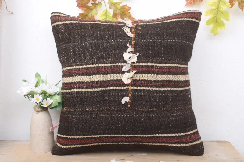 Turkish Kilim Pillow, Turkish Pillow, Cushion, Vintage Kilim Pillow Pillow Cover, Boho Pillow Sham Cover, 18x18 Brown Pillow, Floor Pillow Case - 2