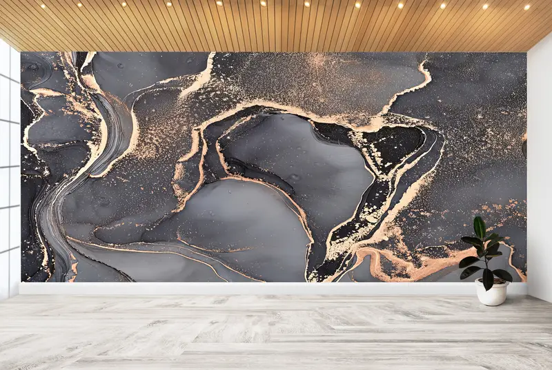 Modern Wall Paper, Gray And Gold Marble, Paper Wall Art, Custom Wall Paper, Gray Marble Wall Print, Marble Wall Paper, - 4
