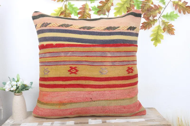 Farmhouse Cushion, Turkish Kilim Pillow, Pillow, Antique Pillows, Ethnical Kilim Rug Pillow, Colorful Pillow Case, 24x24 Beige Pillow Sham - 2