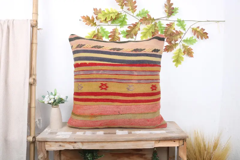 Farmhouse Cushion, Turkish Kilim Pillow, Pillow, Antique Pillows, Ethnical Kilim Rug Pillow, Colorful Pillow Case, 24x24 Beige Pillow Sham - 1