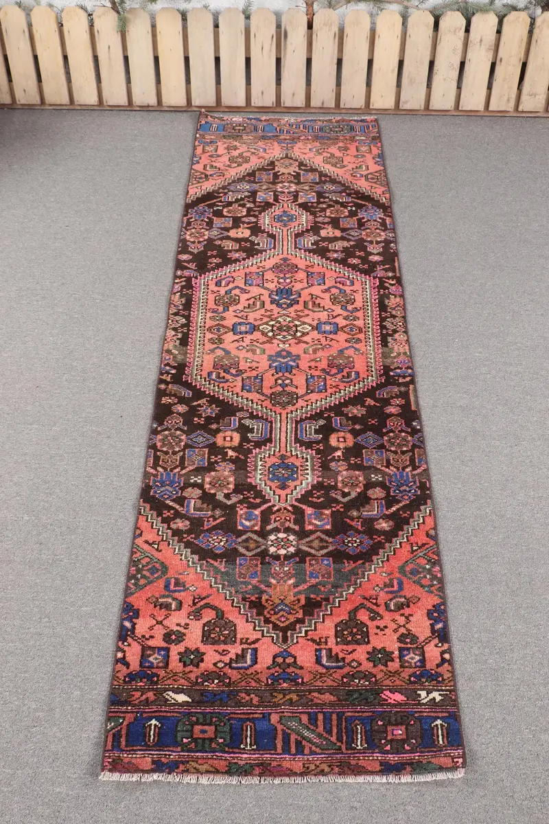 Handmade Orange Rug, 2,1x7,1 ft Striped with Geometric Shapes