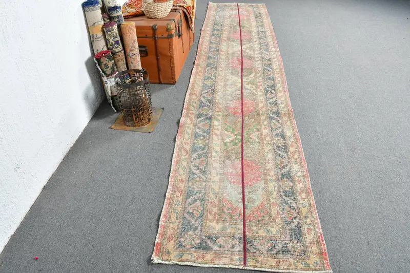 Alfombra turca vintage 2,6x12,8 pies (78x391 cm), alfombra sólida verde roja Oushak - 1