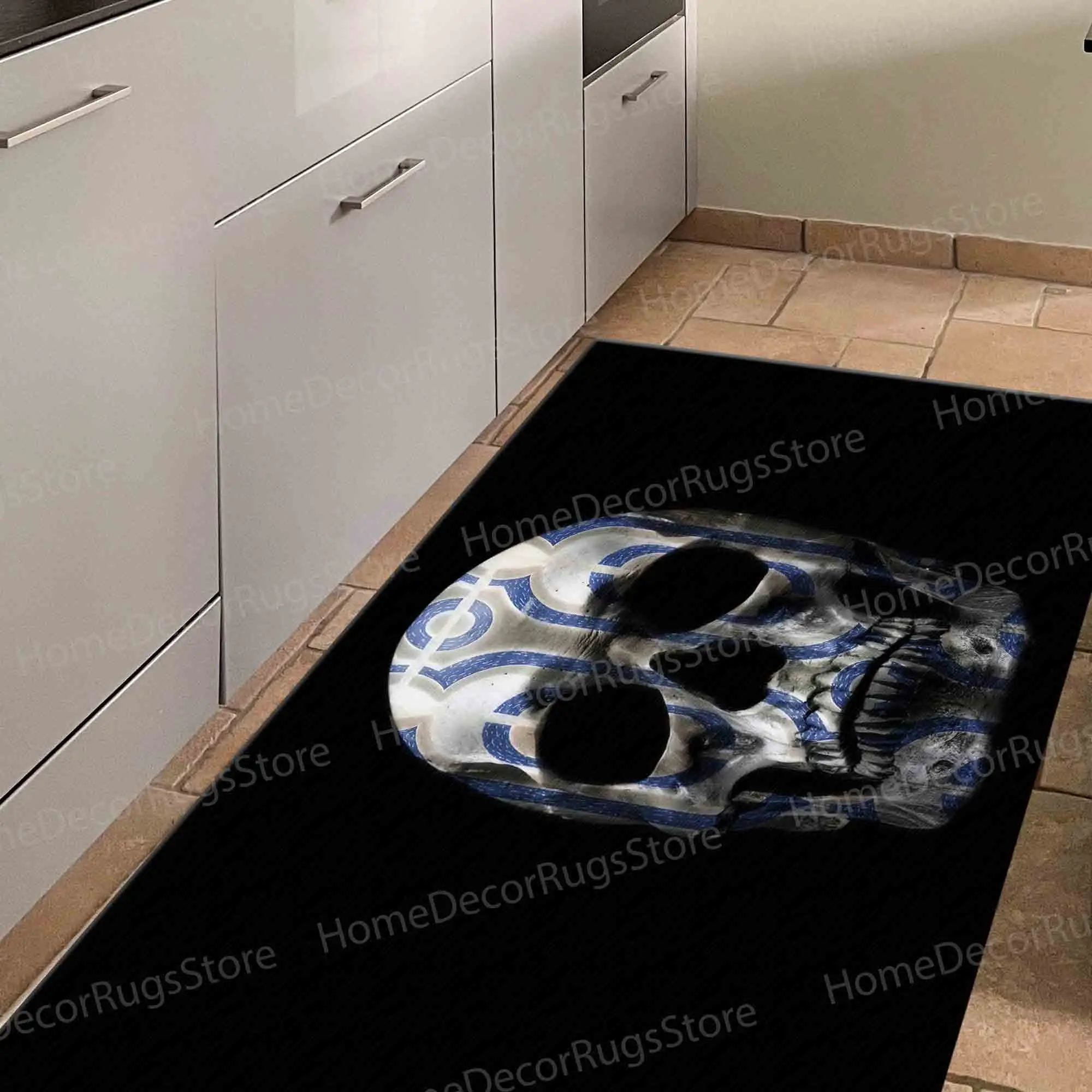 Modern Printed Rug: Abstract Skull Design in Trendy Black - 1