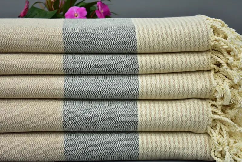 Beach Towel Handmade Turkish Cotton Gray-Beige Stripes, 70x40 Inches