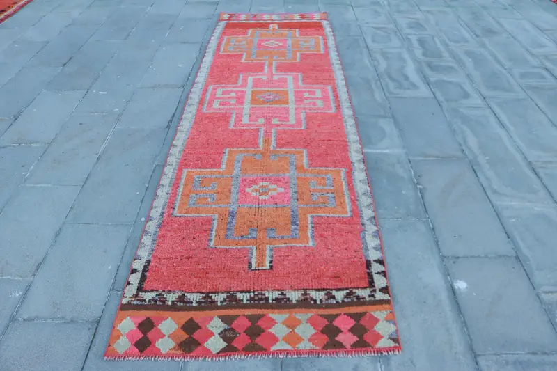 Turkish 3.1x10.2 ft Runner Rug, Vintage Rug, Herki Red Rug - 1