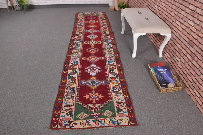 Vintage Läuferteppich, 2,6x10,7 ft türkischer Teppich, roter Herki-Wollteppich - 1