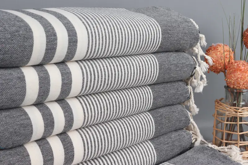 Organic Cotton Towel Raw Black Striped, 40x71 Inches