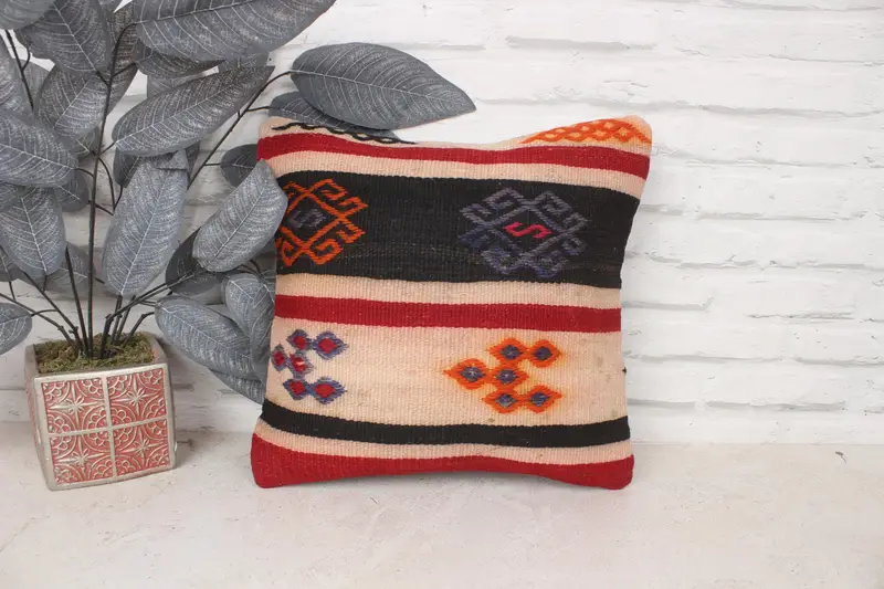 Gift Pillow, Handmade Rug Seat Pillow Cover, Handmade Kilim Cushion, Turkish Kilim Pillow, 14x14 Red Pillow Cover, Cushion Cover - 1