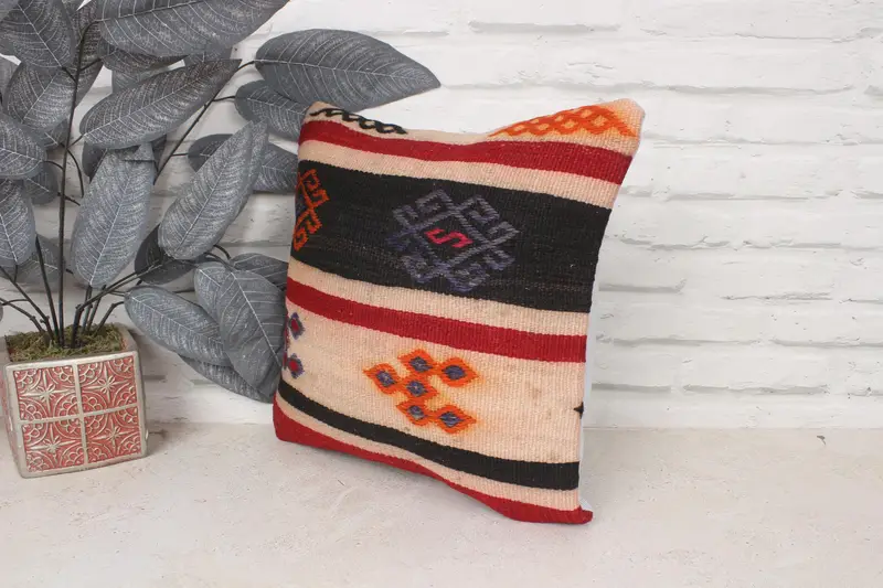 Gift Pillow, Handmade Rug Seat Pillow Cover, Handmade Kilim Cushion, Turkish Kilim Pillow, 14x14 Red Pillow Cover, Cushion Cover - 4