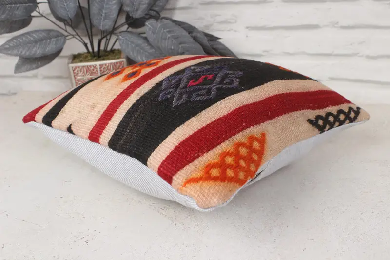 Gift Pillow, Handmade Rug Seat Pillow Cover, Handmade Kilim Cushion, Turkish Kilim Pillow, 14x14 Red Pillow Cover, Cushion Cover - 6