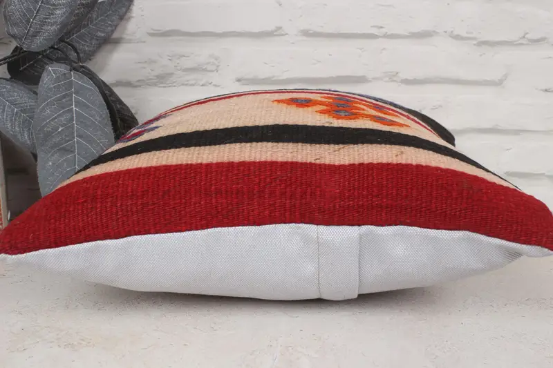 Gift Pillow, Handmade Rug Seat Pillow Cover, Handmade Kilim Cushion, Turkish Kilim Pillow, 14x14 Red Pillow Cover, Cushion Cover - 5