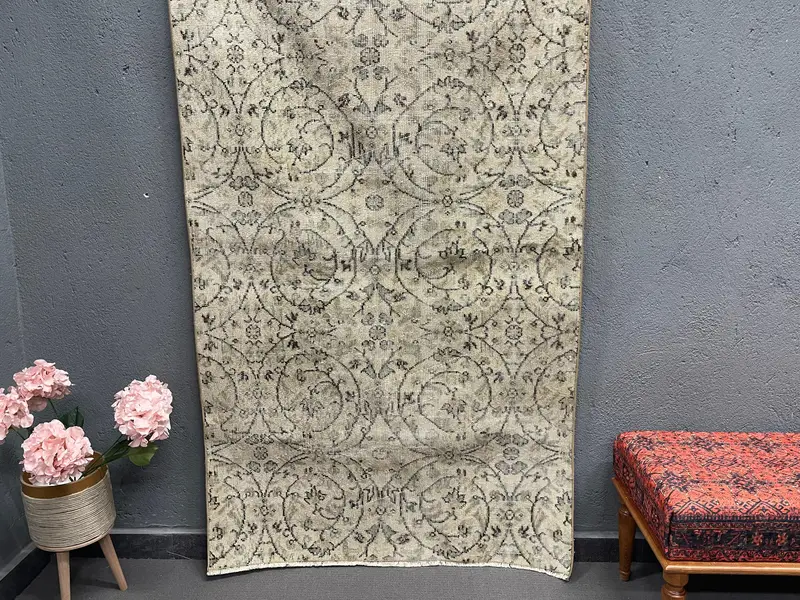 Vintage Turkish Rug, 3.8x6.2 ft Oushak Rug, Gray Striped Wool Rug - 1