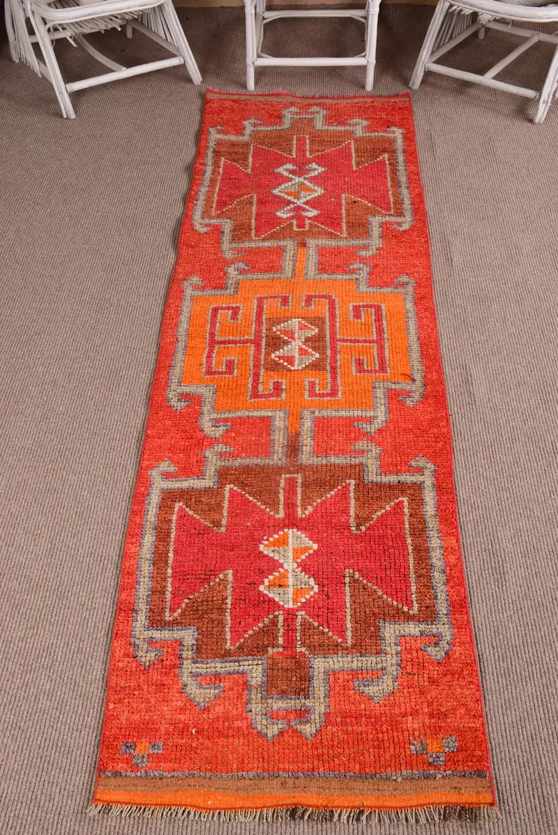 Vintage Türk Halısı 2.4x9.1 ft (73x278 cm), Herki Kırmızı Turuncu Güneybatı Halısı - 1