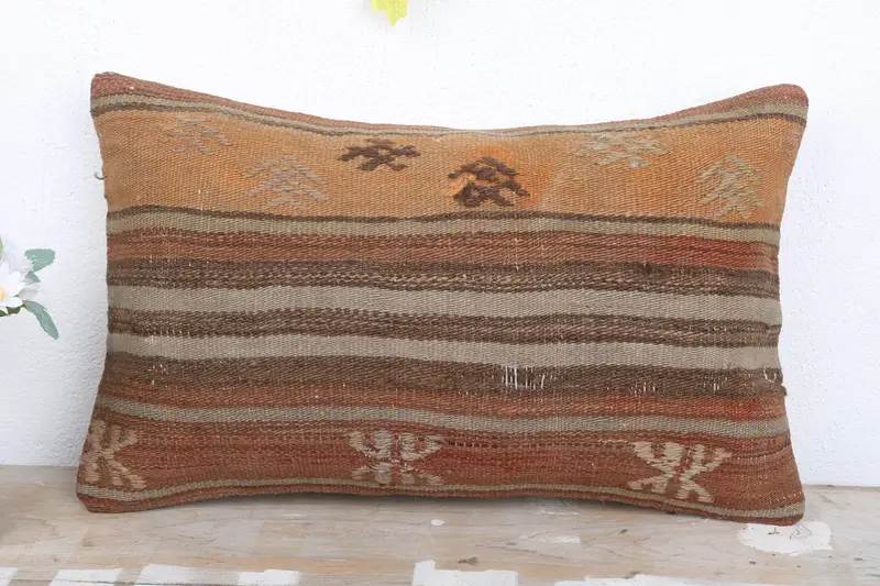 Yoga Pillow Case, Vintage Kilim Throw Pillow, Pillow, Pillow for Couch, Boho Pillow, 12x20 Brown Pillow Cover, Bolster Throw Cushion Cover - 2