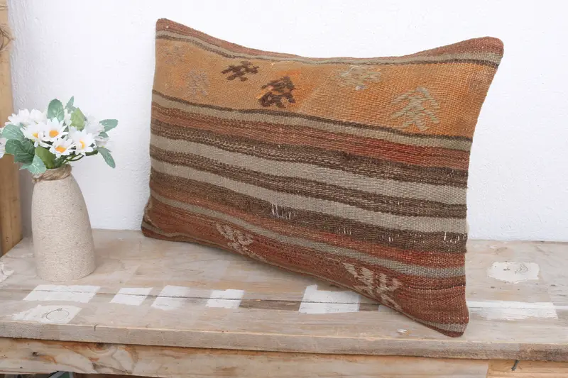 Yoga Pillow Case, Vintage Kilim Throw Pillow, Pillow, Pillow for Couch, Boho Pillow, 12x20 Brown Pillow Cover, Bolster Throw Cushion Cover - 4