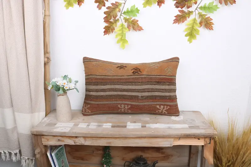 Yoga Pillow Case, Vintage Kilim Throw Pillow, Pillow, Pillow for Couch, Boho Pillow, 12x20 Brown Pillow Cover, Bolster Throw Cushion Cover - 1