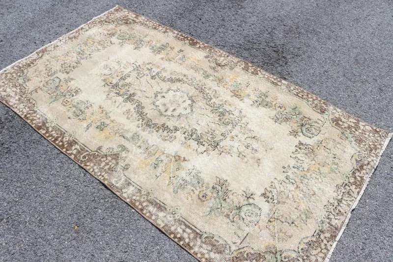 Oushak Rug, 3.8x6.8 ft Vintage Rug, Brown Floral Rug Wool - 1