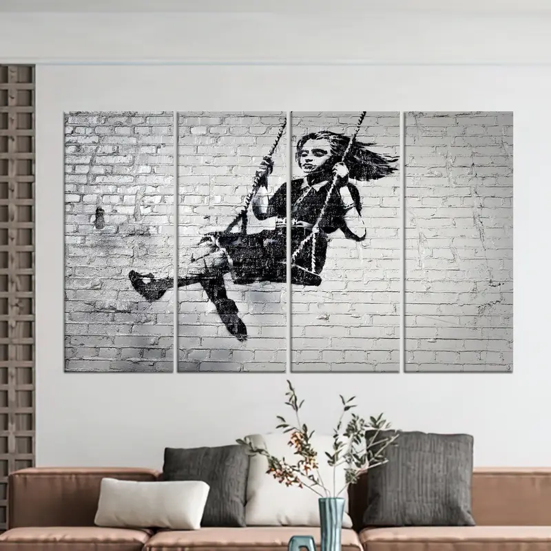 Banksy Girl On Swing, Swing Girl Wall Art, Banksy Girl Artwork, Graffiti Wall Art,Canvas Wall Art, Home Decor, Modern Wall Art, Wall Decor, - 4