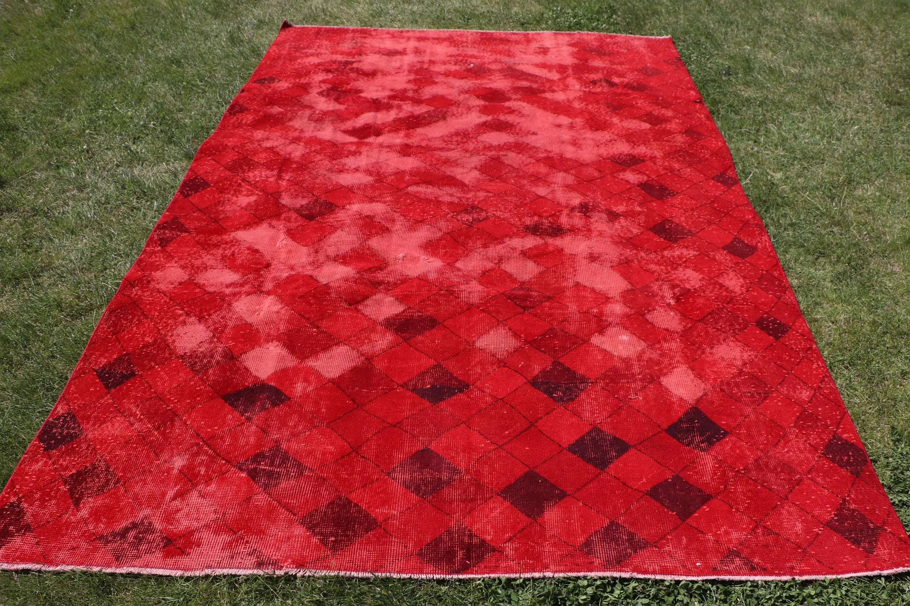 Türk Vintage Halı 6.1x9.2 ft, Kırmızı Kareli Yün Halı - 1