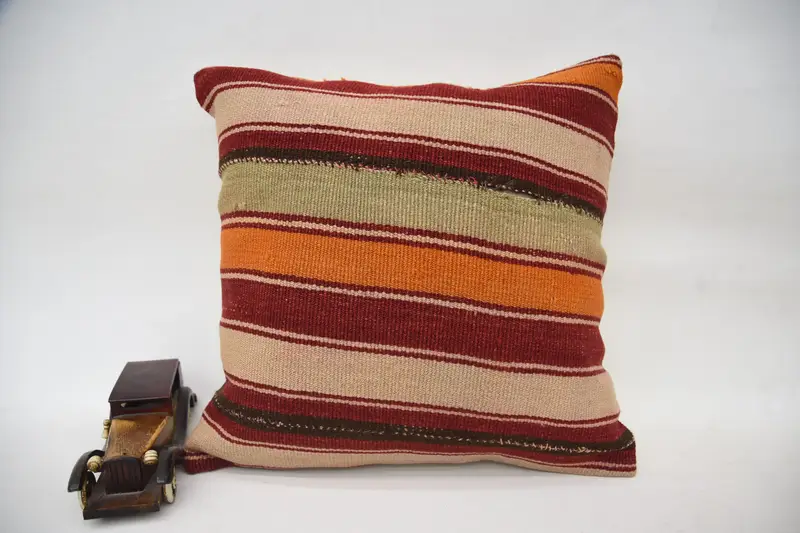 Almohada de tiro a rayas, cojín naranja antiguo de lana de 7x7 pulgadas - 1