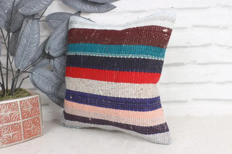 Vintage Kilim Throw Pillow, Kilim Cushion Sham, Turkish Kilim Pillow, Accent Throw Pillow Sham, Pillow Case, 12x12 Blue Cushion Case - 3