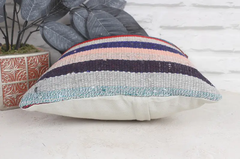 Vintage Kilim Throw Pillow, Kilim Cushion Sham, Turkish Kilim Pillow, Accent Throw Pillow Sham, Pillow Case, 12x12 Blue Cushion Case - 5