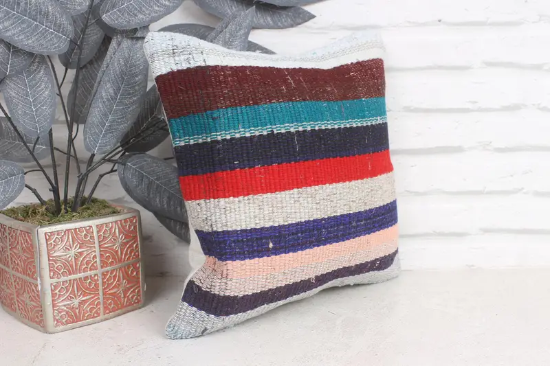 Vintage Kilim Throw Pillow, Kilim Cushion Sham, Turkish Kilim Pillow, Accent Throw Pillow Sham, Pillow Case, 12x12 Blue Cushion Case - 4