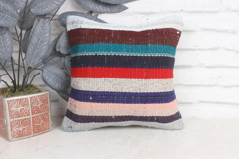 Vintage Kilim Throw Pillow, Kilim Cushion Sham, Turkish Kilim Pillow, Accent Throw Pillow Sham, Pillow Case, 12x12 Blue Cushion Case - 1