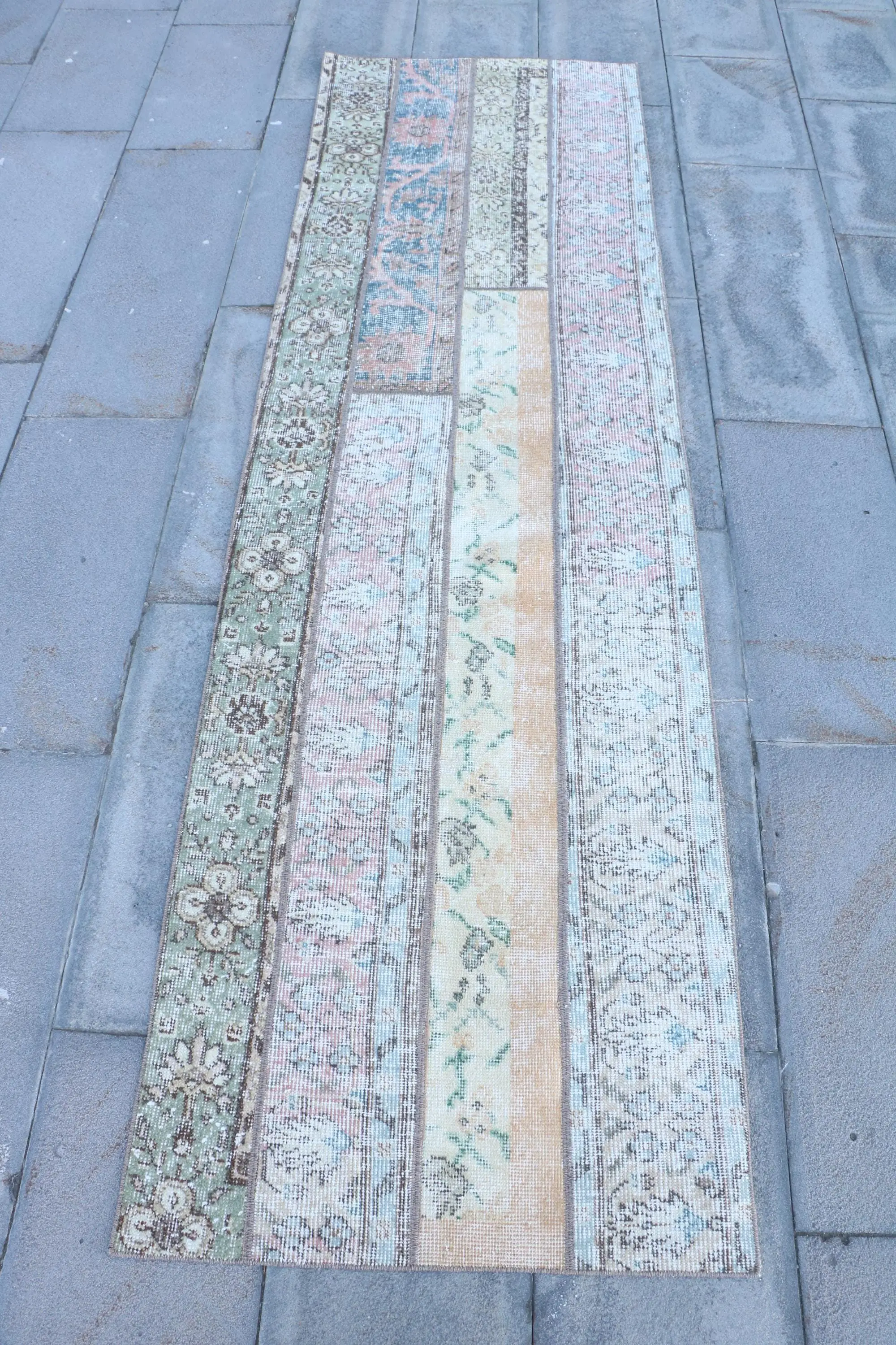 Turkish 2.4x8.1 ft Rug, Runner Vintage Rug, Blue Pink Striped Wool Rug - 1