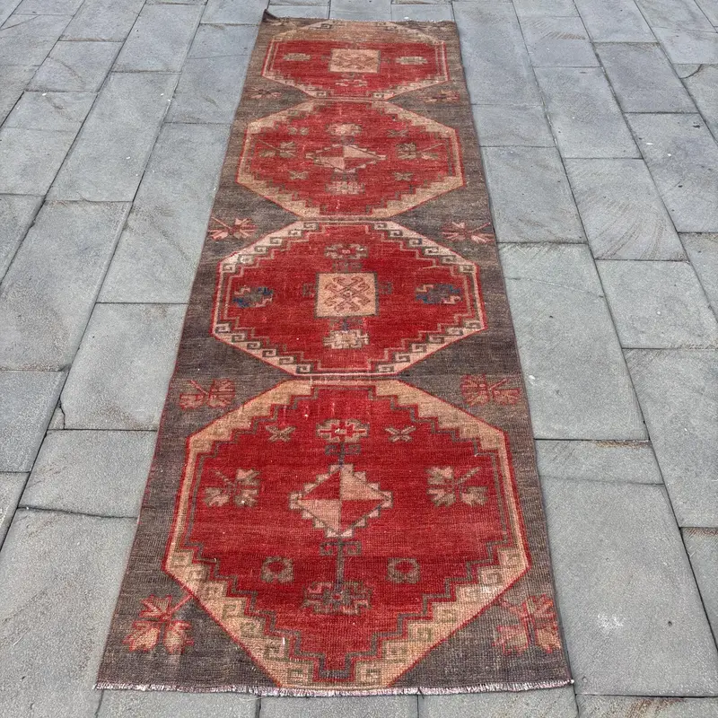Kırmızı & Kahverengi Puantiyeli Halı, 3x10 ft Şık Dekor