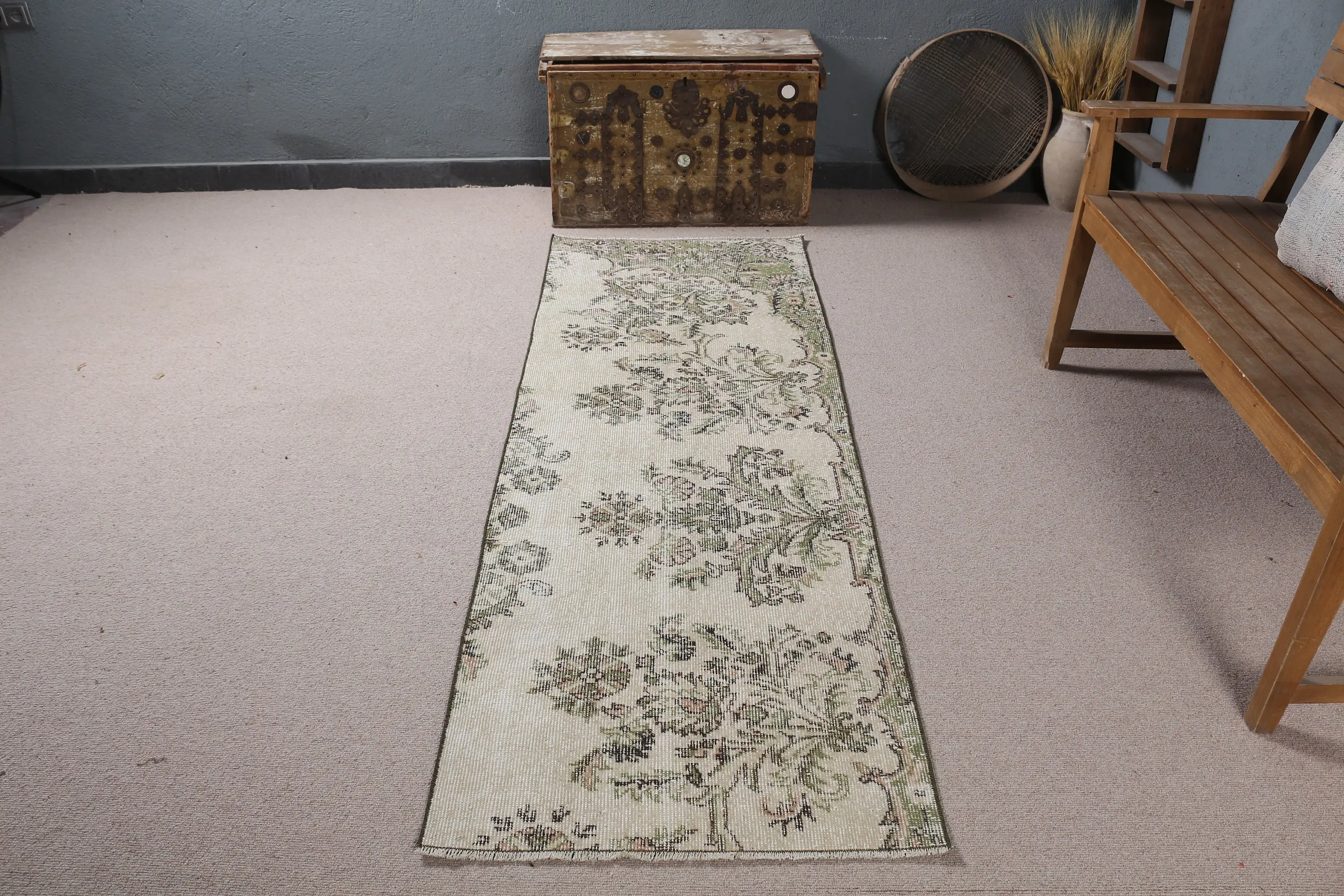 Turkish 2.4x7.3 ft Rug, Vintage Rug, Green Moroccan Rug Wool - 1