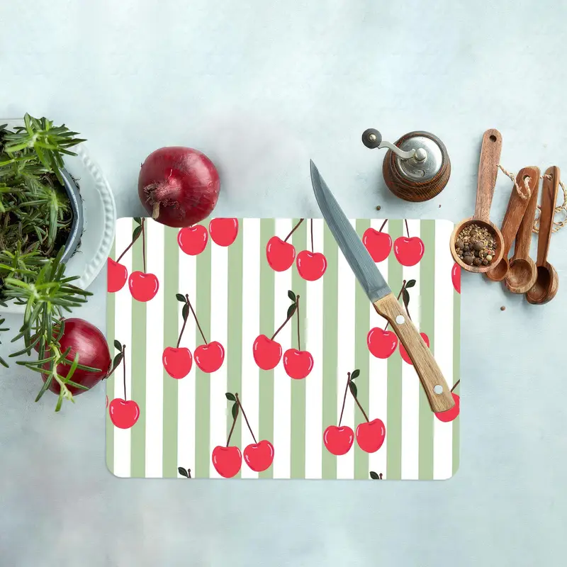 Cherry Pattern Glass Cutting Board with Fruit Design for Kitchen