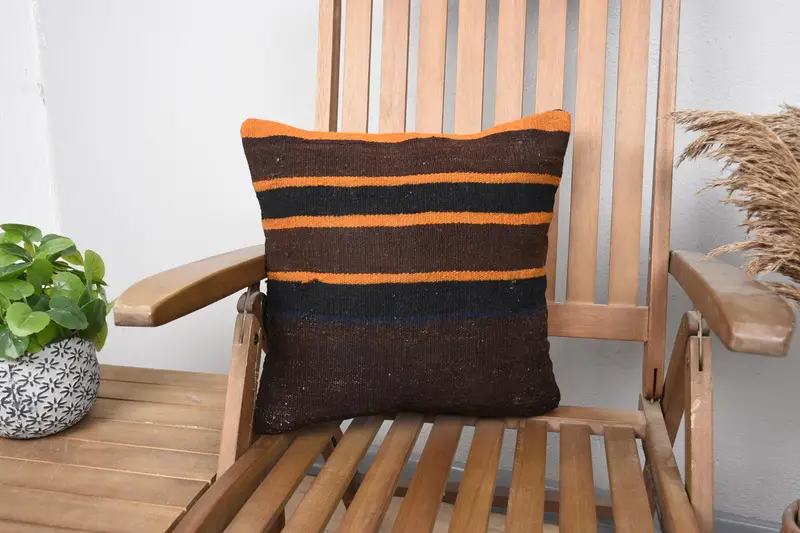 Throw Kilim Pillow, Oriental Pillow Sham, Kilim Pillow Cover, 16x16 Brown Cushion Case, Cushion Case, Vintage Pillow Sham, Interior Designer Pillow - 1