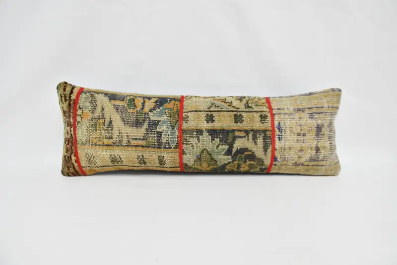 Handmade Blue & Beige Hemp Throw Pillow, 12x36 Geometric Cushion