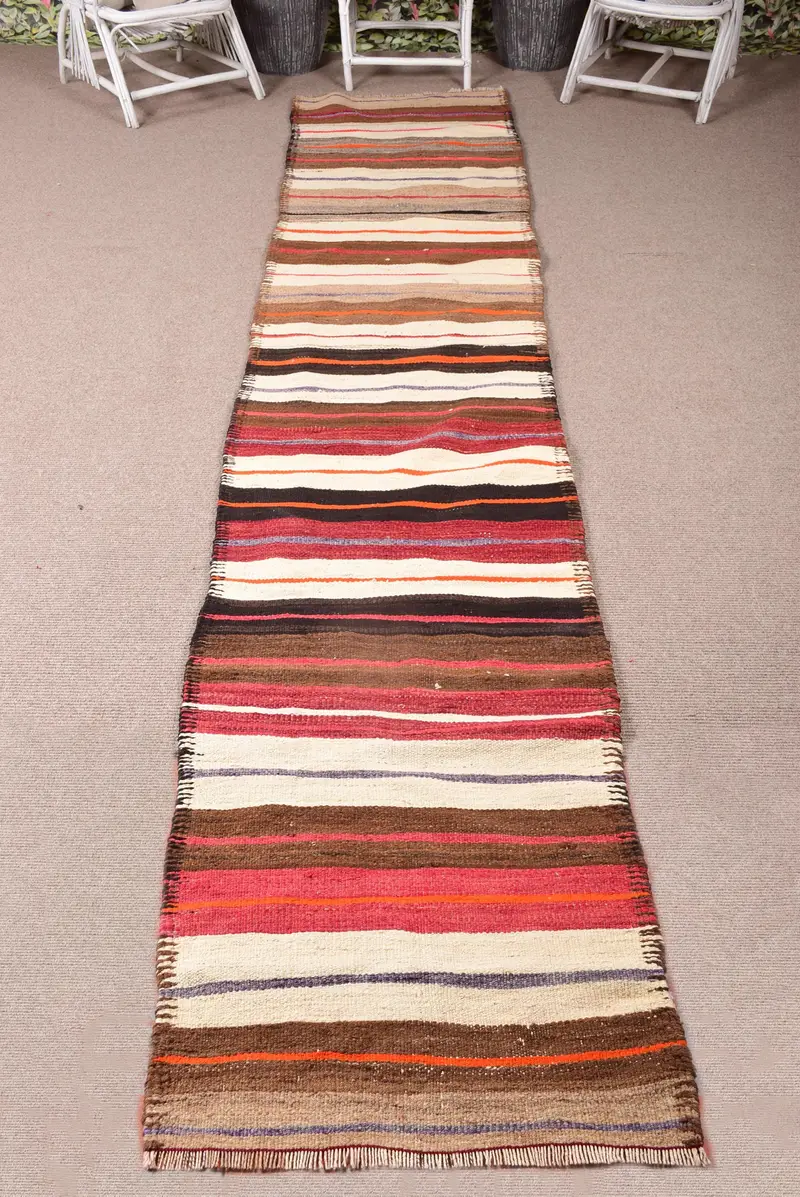 2.5x13.8 ft Vintage Türk Halısı, Yolluk Halısı, Kahverengi Kilim Soyut Halı - 1