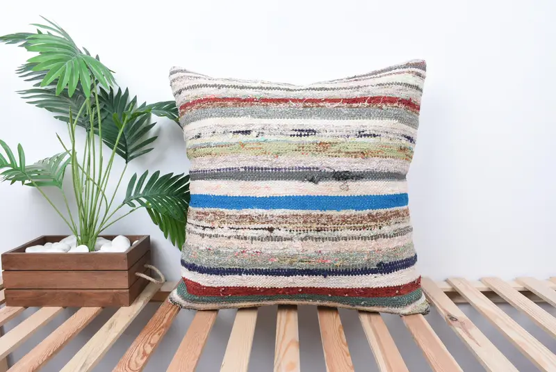 Authentic Cushion Case, Ethnic Throw Pillow Sham, Handmade Kilim Cushion, Kilim Pillow Cover, 24x24 Blue Pillow Cover, Cushion Case, Antique Pillows - 1