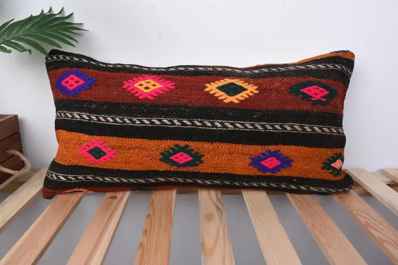 Pillow for Sofa, Ethnic Pillow Cover Pillow, Kilim Pillow, 12x24 Orange Pillow Cover, Kilim Cushion Sham, Pillow Cover, Yoga Pillow Case - 1