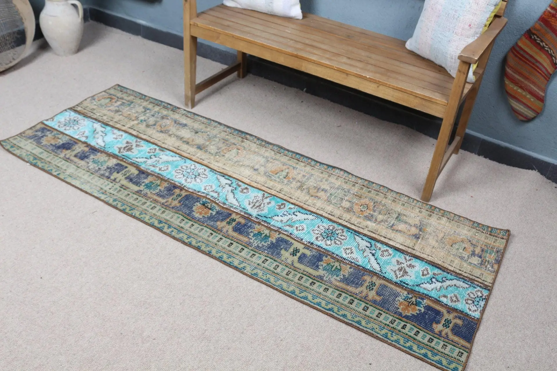 2,4x6,5 ft Teppich, türkischer Vintage Teppich, blauer Tarnteppich - 1