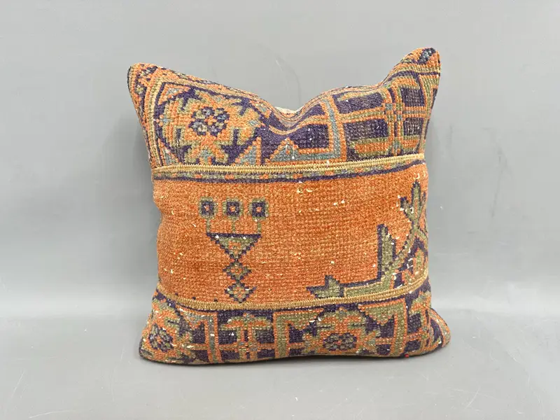 Turuncu Patchwork Kilim Yastık, 20x20 Vintage Kırlent