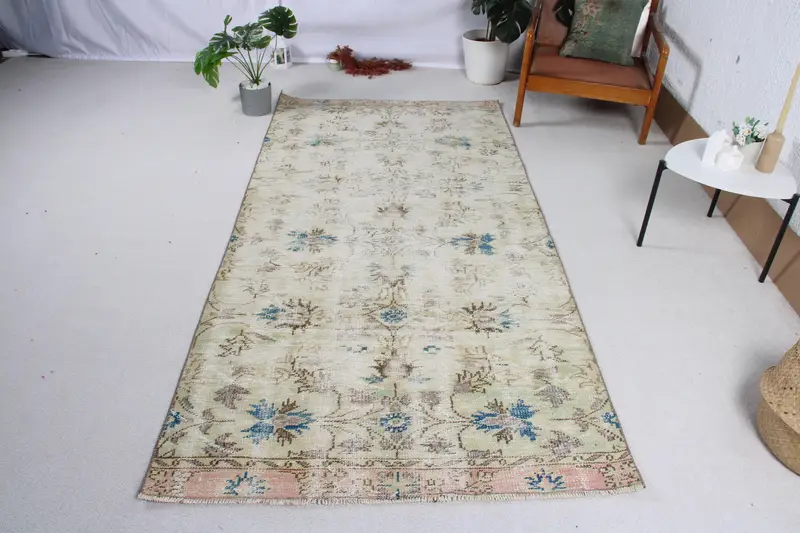 Türk Vintage Halısı, 3.9x8.3 ft Oushak Halısı, Mavi Beyaz Çiçekli Halı - 1