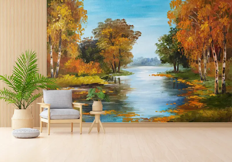 Bedruckte Tapete: Elegante Herbstlandschaft mit Blick auf den Fluss