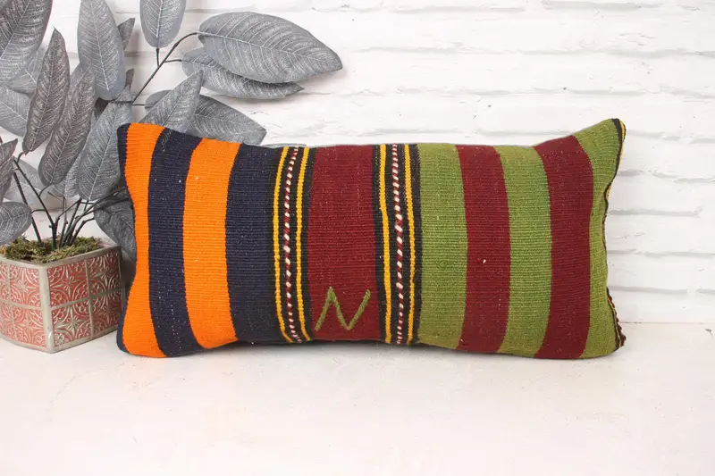 Pillow Sham, Interior Designer Pillow, Pillow for Sofa, 12x24 Green Pillow Case, Cotton Pillow Case, Kilim Cushion Sham - 1