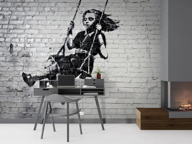 Elegant Swing Girl Banksy-Inspired Printed Wallpaper for Modern Spaces