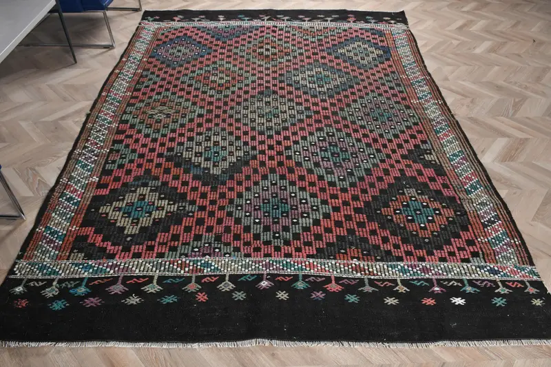 6.5x9.1 ft Halı, Vintage Türk Halısı, Siyah Kilim Yün Halı - 1