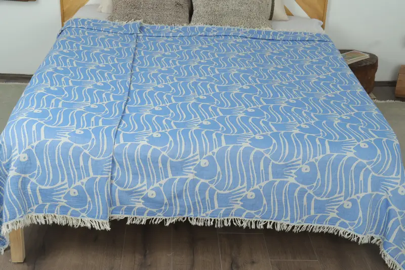 Valentines Gift, Housewarming Gift, 70x60 Cotton Fish Design Towel, Turkish Tablecloth, Bedspread, Turkish Blanket, Wedding Hand Made Gift - 8