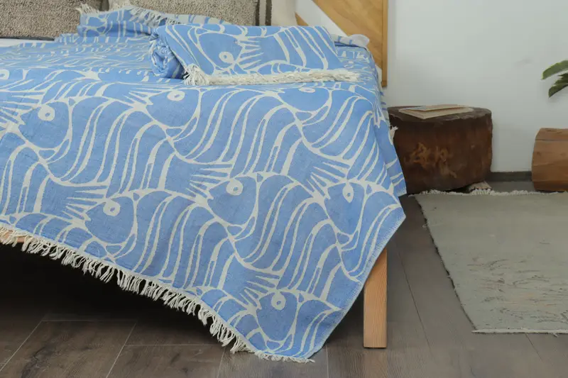 Valentines Gift, Housewarming Gift, 70x60 Cotton Fish Design Towel, Turkish Tablecloth, Bedspread, Turkish Blanket, Wedding Hand Made Gift - 7
