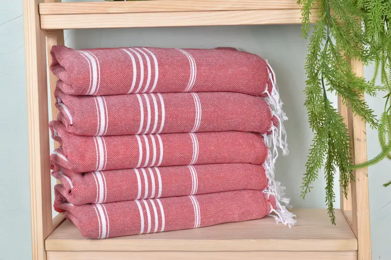 Turkish Bath Towel Red Striped, Handmade Organic Cotton/Linen, 40x71 Inches