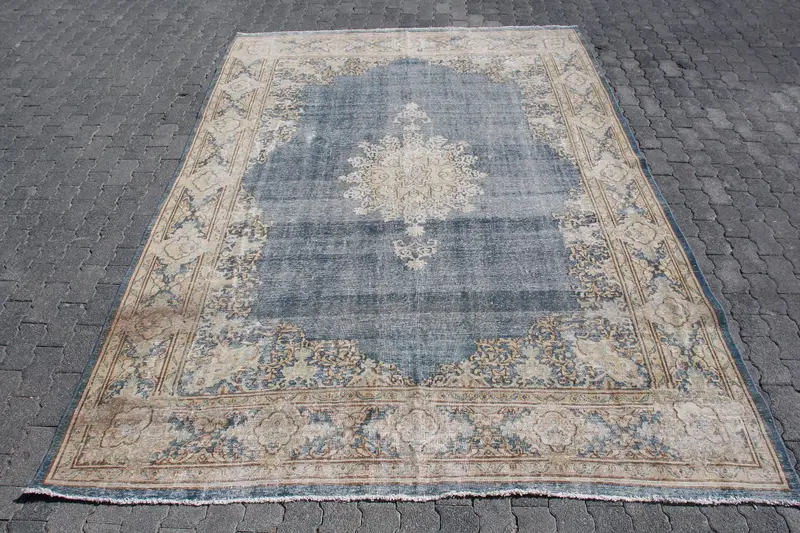 7.4x10.4 ft Vintage Oversize Rug, Blue Brown Turkish Striped Wool Rug - 1